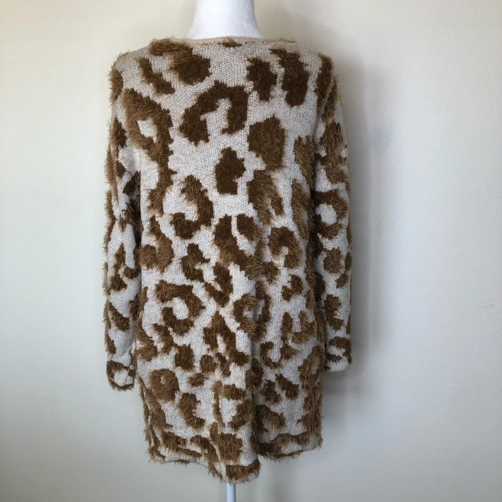 UNIQ Mocha Leopard Print Long Fluffy Textured Cardigan‎ S/M Cozy Lounge Wear